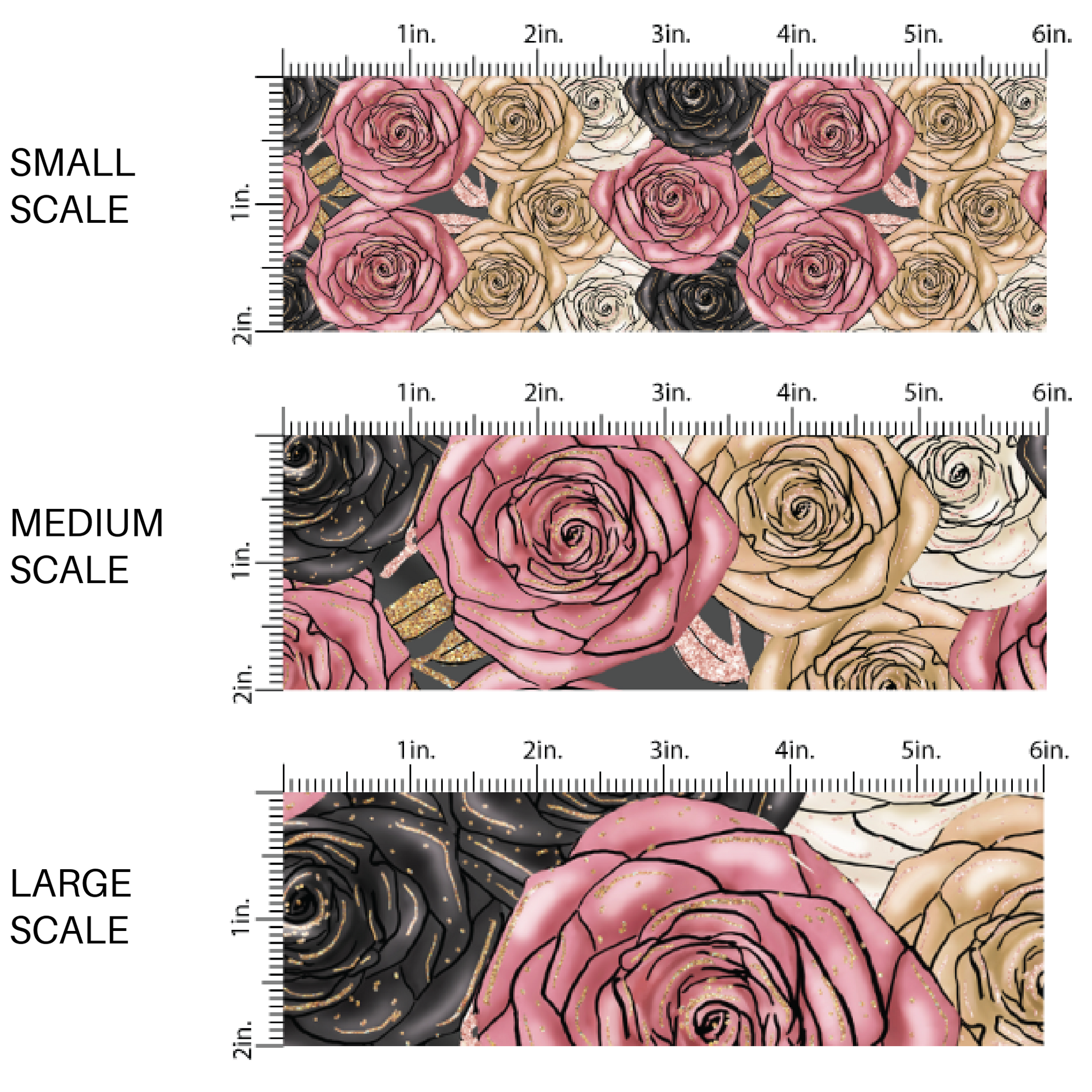 Black, pink, and cream roses multi-colored fabric by the yard scaled image guide.