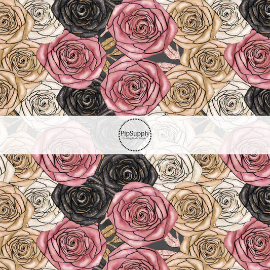 Black, pink, and cream roses multi-colored fabric by the yard.