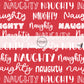 These holiday pattern themed fabric by the yard features "naughty" lettering on red. This fun Christmas fabric can be used for all your sewing and crafting needs!
