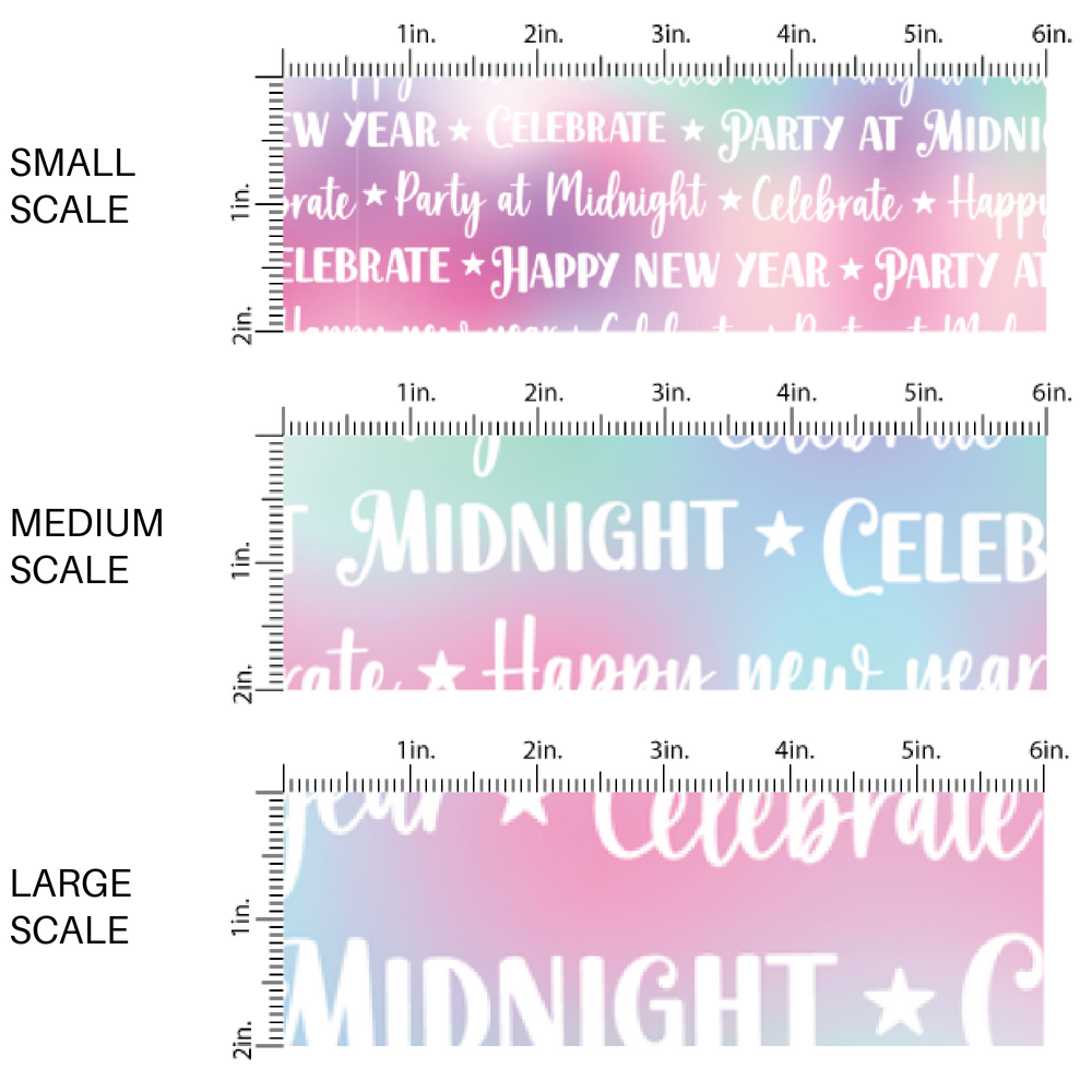 Ombre Pink, Blue, and Purple Fabric by the Yard scaled image guide with White New Years Sayings.