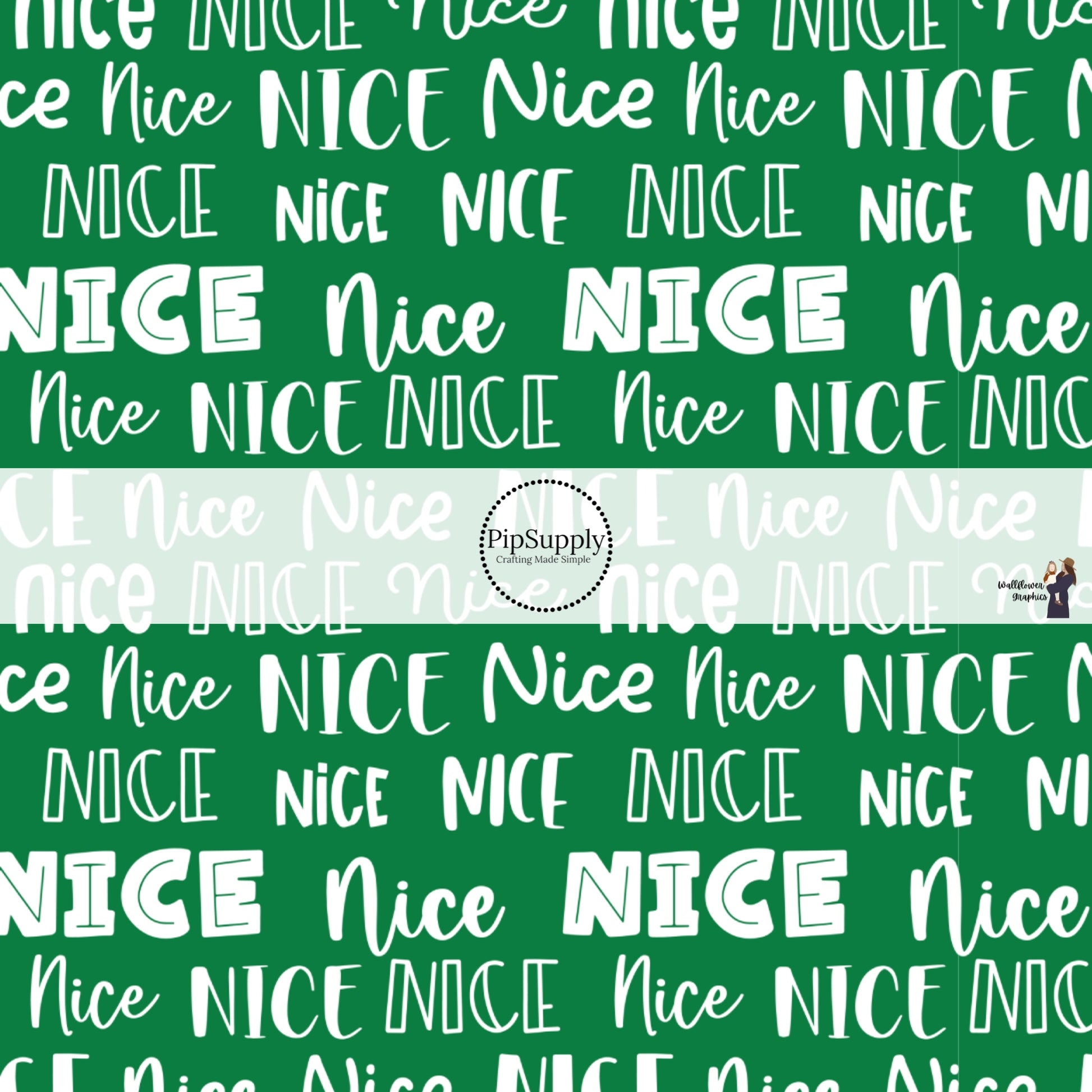 These holiday pattern themed fabric by the yard features "nice" lettering on green. This fun Christmas fabric can be used for all your sewing and crafting needs!