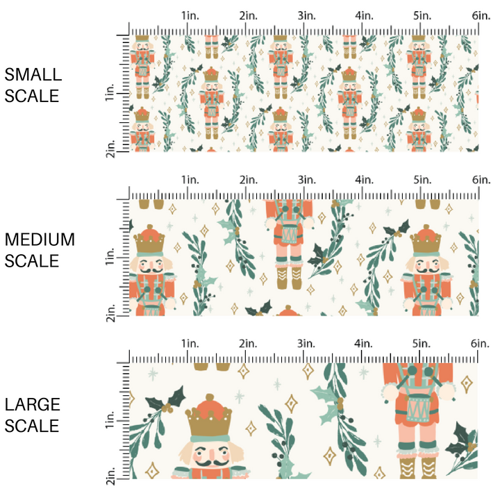 Nutcrackers and holly wreaths on white fabric by the yard scaled image guide.