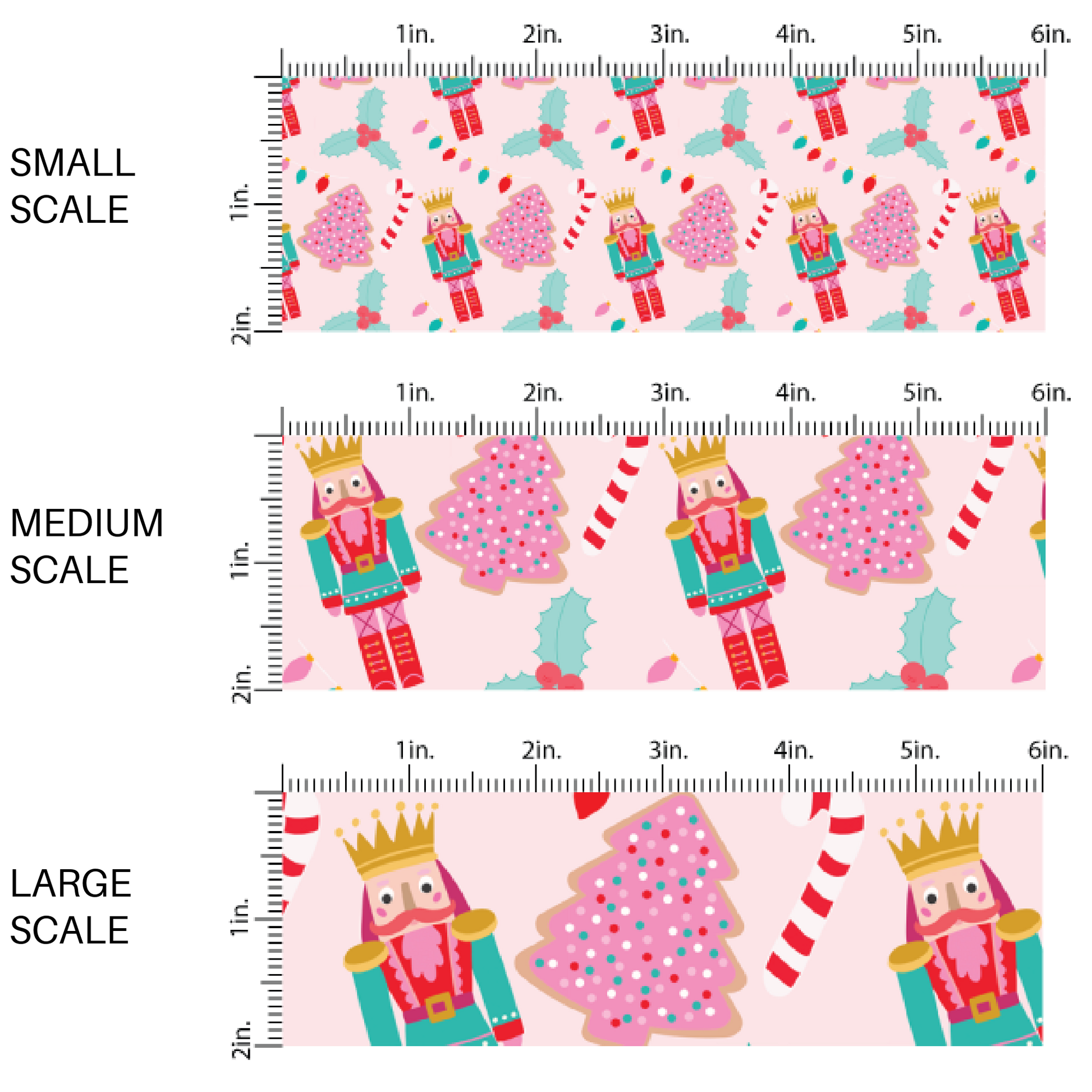 This scale chart of small scale, medium scale, and large scale of these holiday pattern themed fabric by the yard features Nutrcrackers and Christmas cookies on light pink. This fun Christmas fabric can be used for all your sewing and crafting needs!