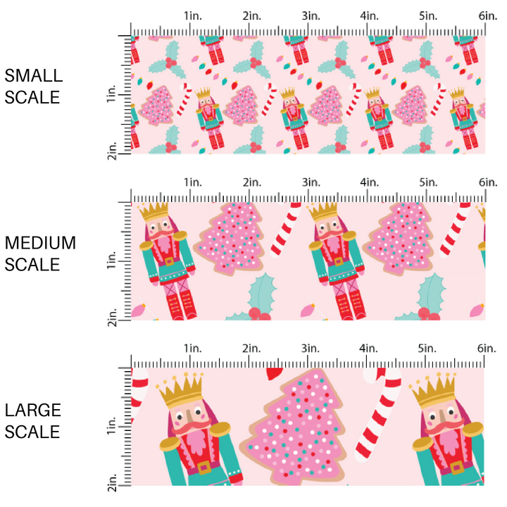 This scale chart of small scale, medium scale, and large scale of these holiday pattern themed fabric by the yard features Nutrcrackers and Christmas cookies on light pink. This fun Christmas fabric can be used for all your sewing and crafting needs!