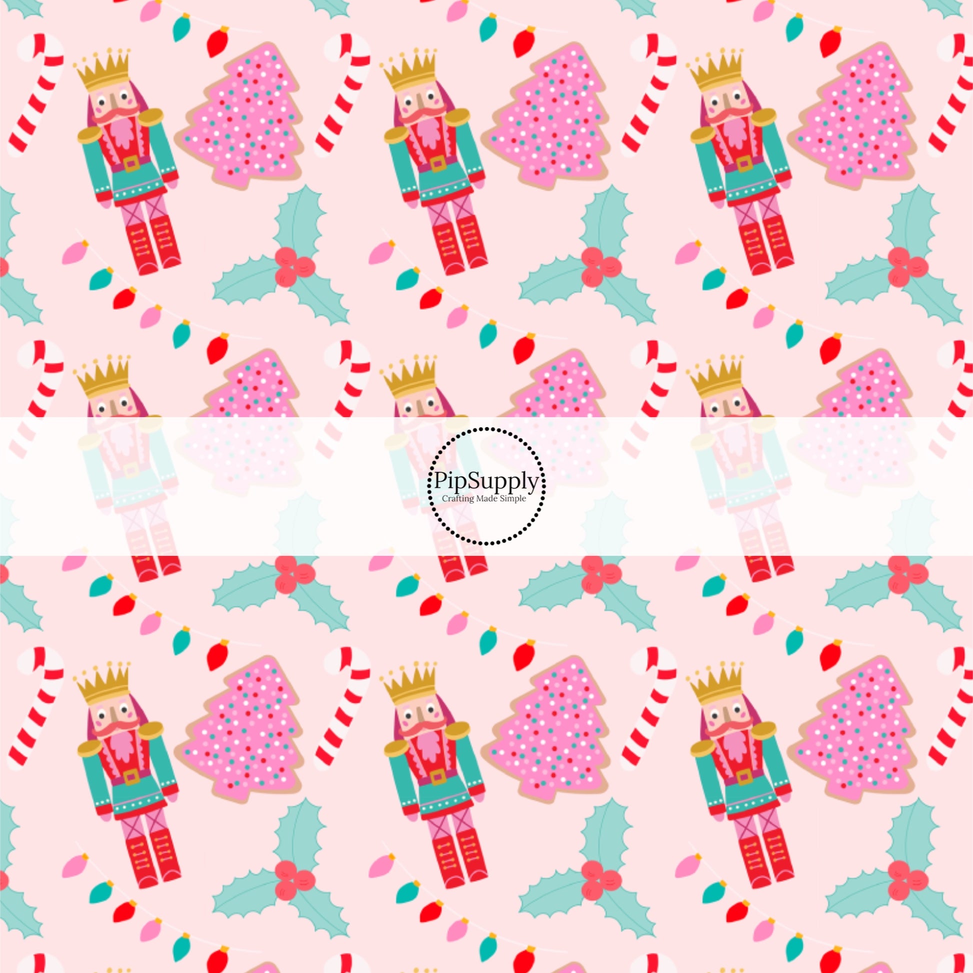 These holiday pattern themed fabric by the yard features Nutrcrackers and Christmas cookies on light pink. This fun Christmas fabric can be used for all your sewing and crafting needs!