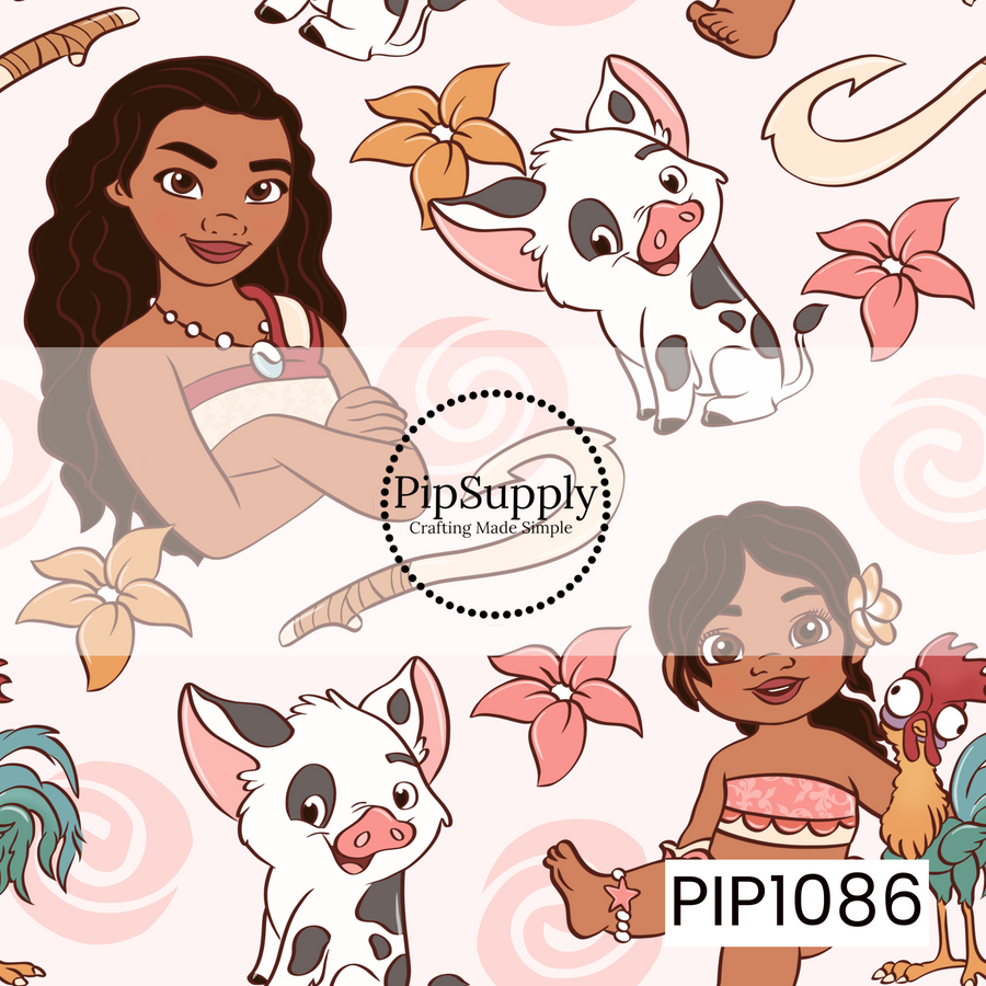 A charming seamless pattern featuring an adventurous island princess, a playful pig, a cheerful rooster, tropical flowers, and ocean-inspired details on a soft blush background. Swirling wave motifs and warm tropical colors create a fun, whimsical design with a sweet island adventure feel.
