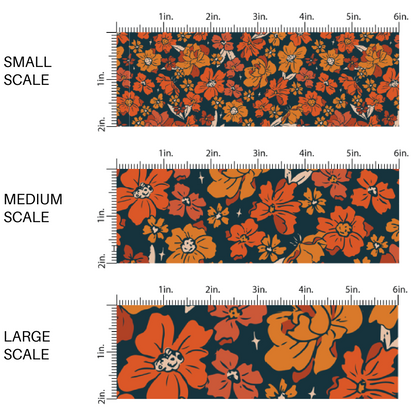 Red and orange floral blooms on navy blue fabric by the yard scaled image guide.