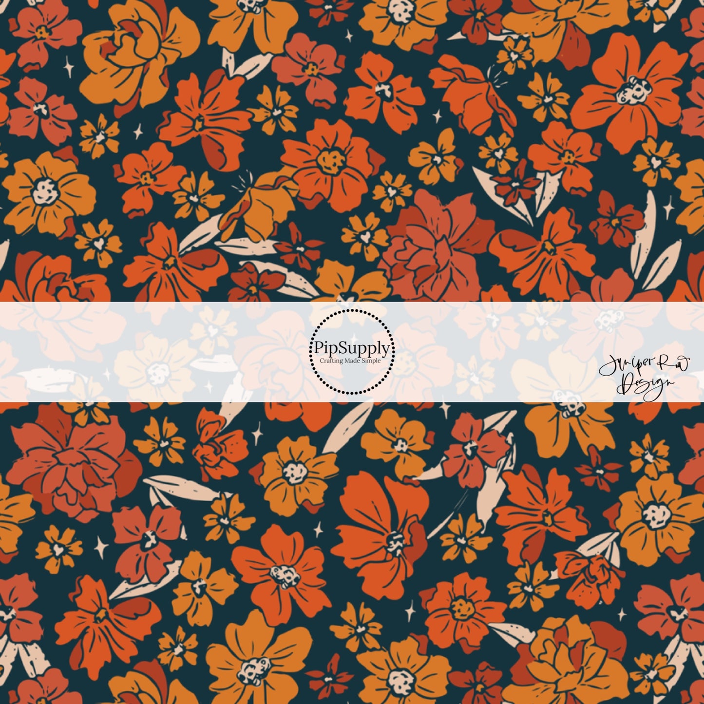 Red and orange floral blooms on navy blue fabric by the yard.
