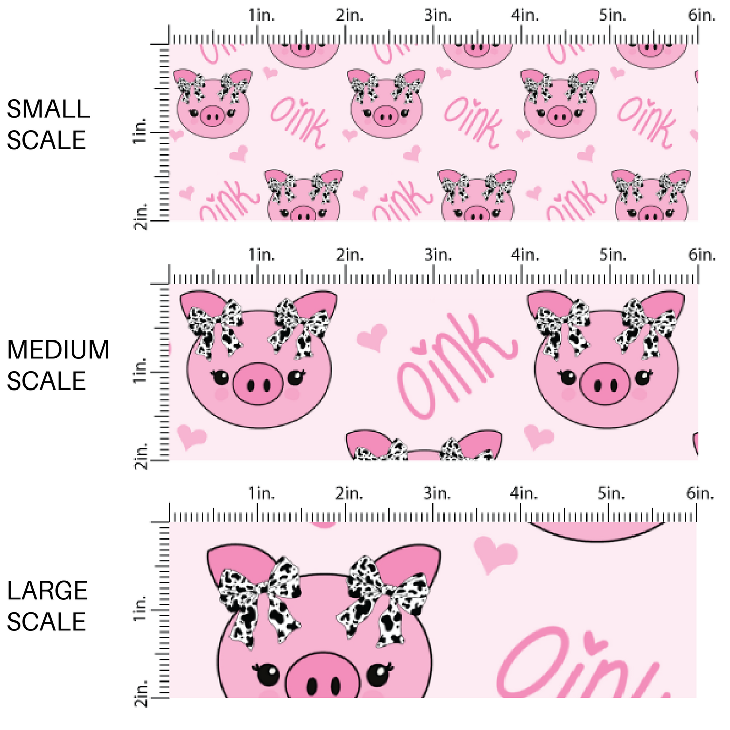Pink Piggies and the word "Oink" on Baby Pink Fabric by the Yard scaled image guide.