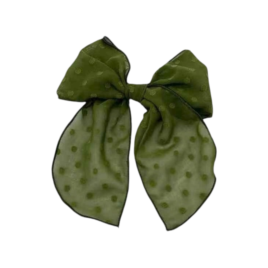 Olive Dotted Sheer Hair Tied Bow w/ Clip