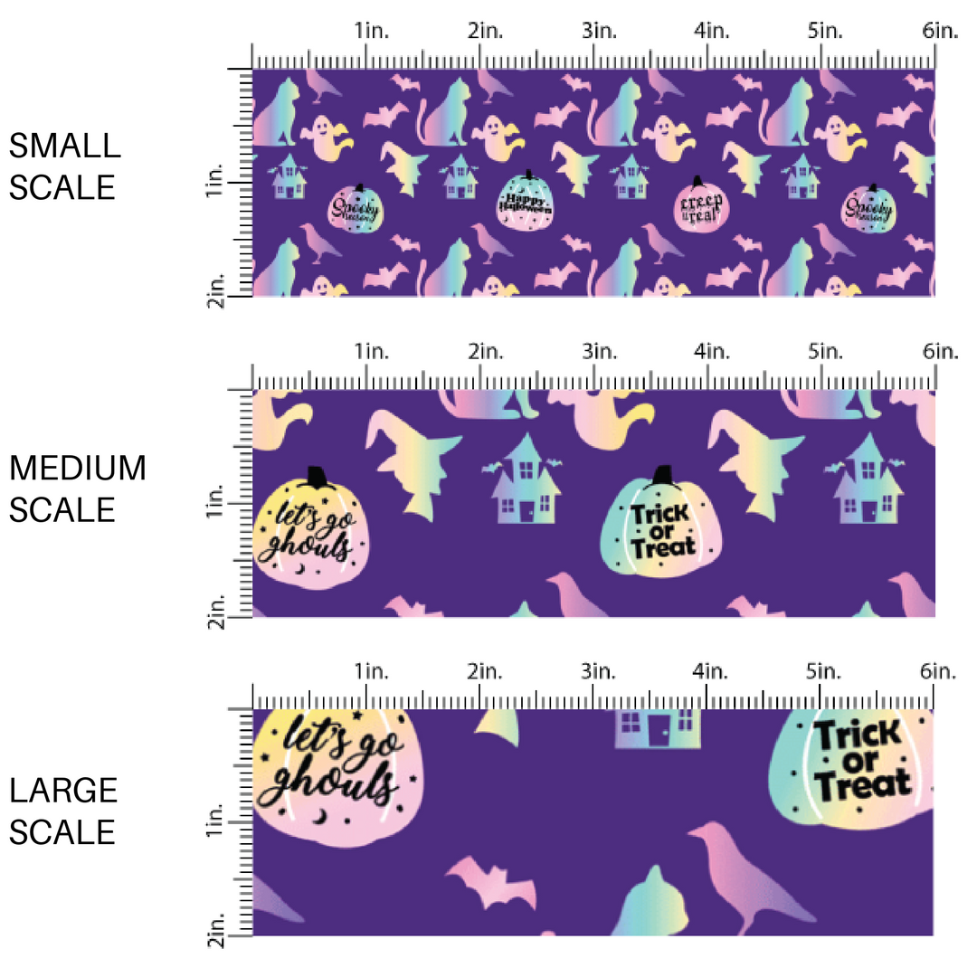 Purple fabric by the yard scaled image guide that features spooky silhouettes, pumpkins, and popular Halloween phrases.