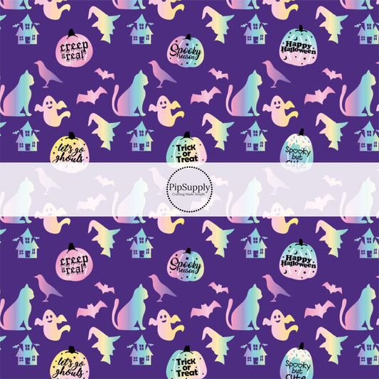 Purple fabric by the yard that features spooky silhouettes, pumpkins, and popular Halloween phrases.