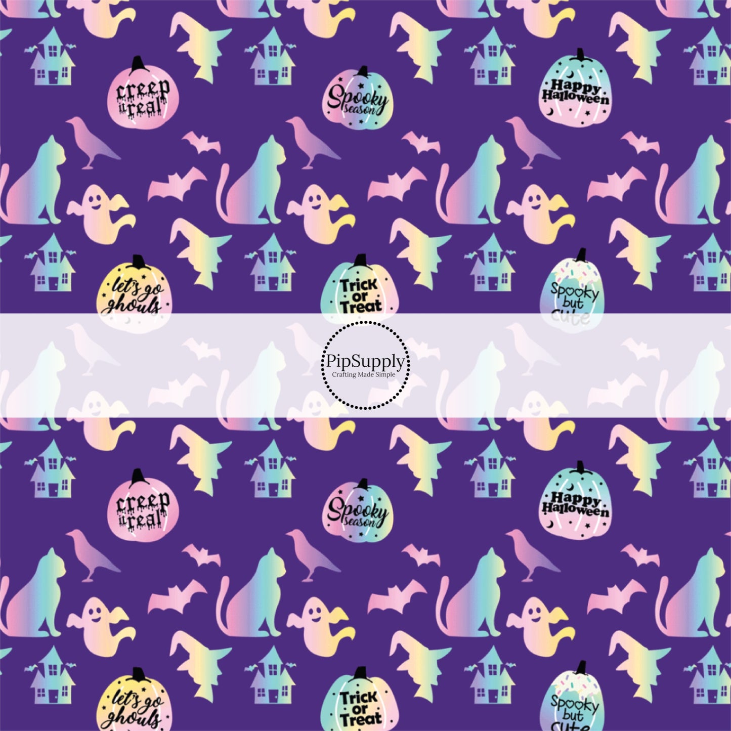 Purple fabric by the yard that features spooky silhouettes, pumpkins, and popular Halloween phrases.