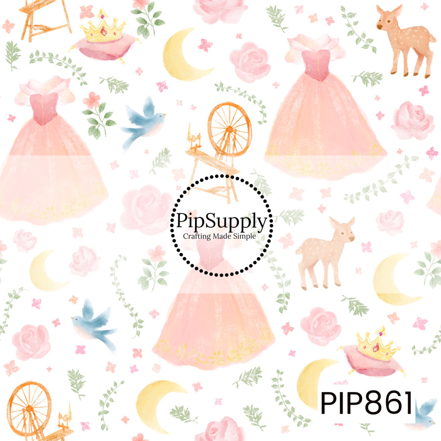 This dreamy watercolor design features soft pink princess gowns surrounded by delicate roses, woodland deer, bluebirds, crescent moons, jeweled crowns, and spinning wheels. Gentle shades of blush pink, gold, blue, and sage green create a romantic fairytale atmosphere, blending royal elegance with enchanted forest charm for a timeless storybook look.
