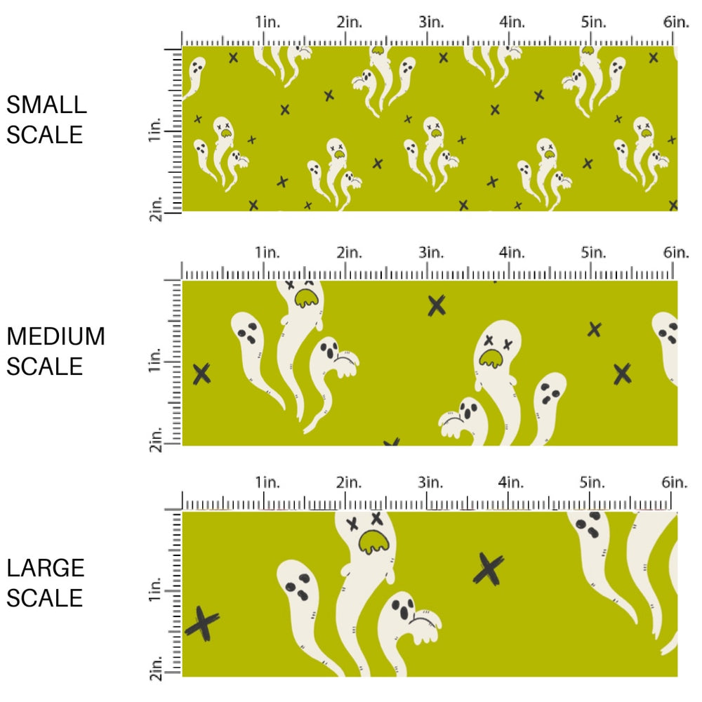 This scale chart of small scale, medium scale, and large scale of these Halloween themed pattern fabric by the yard features the following design elements: ghost on green. This fun spooky themed fabric can be used for all your sewing and crafting needs!