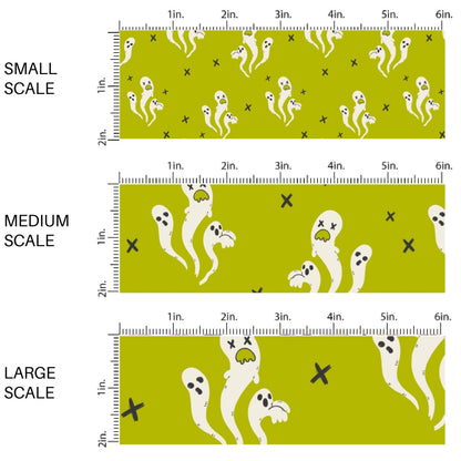 This scale chart of small scale, medium scale, and large scale of these Halloween themed pattern fabric by the yard features the following design elements: ghost on green. This fun spooky themed fabric can be used for all your sewing and crafting needs!