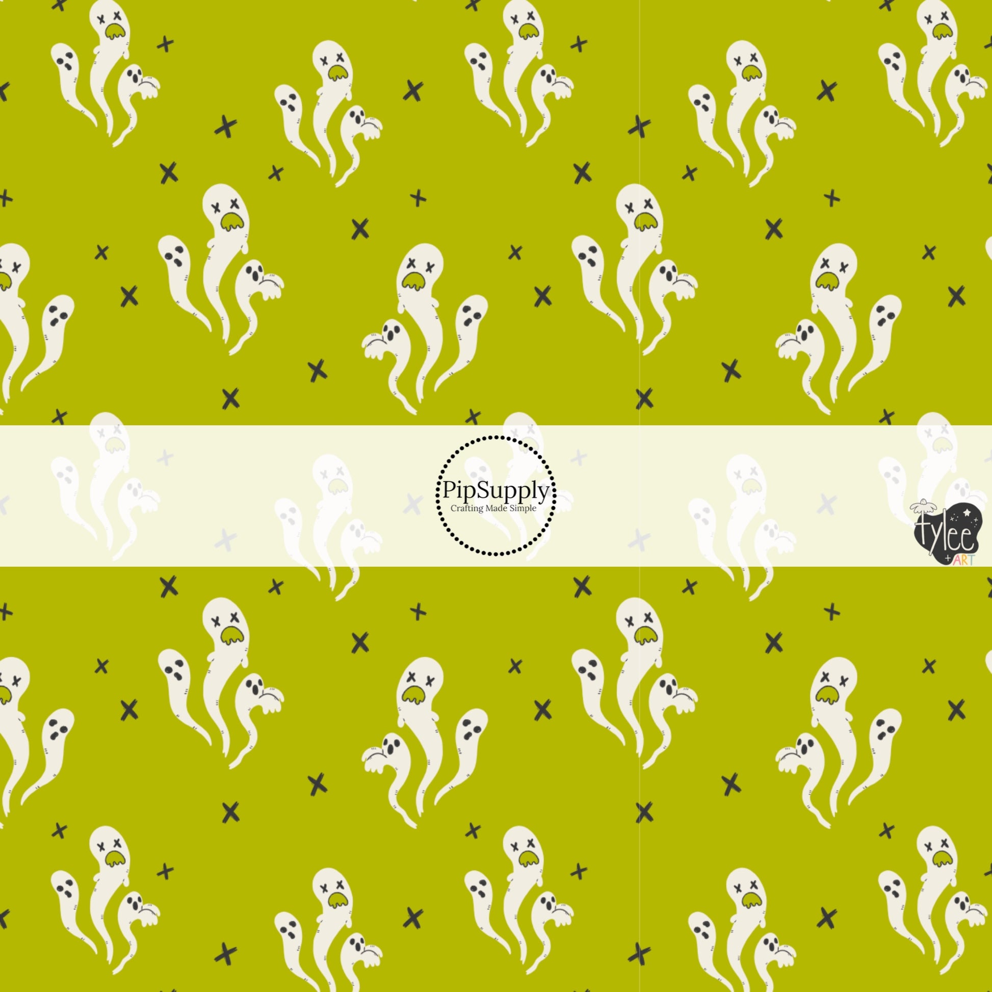 These Halloween themed pattern fabric by the yard features the following design elements: ghost on green. This fun spooky themed fabric can be used for all your sewing and crafting needs!