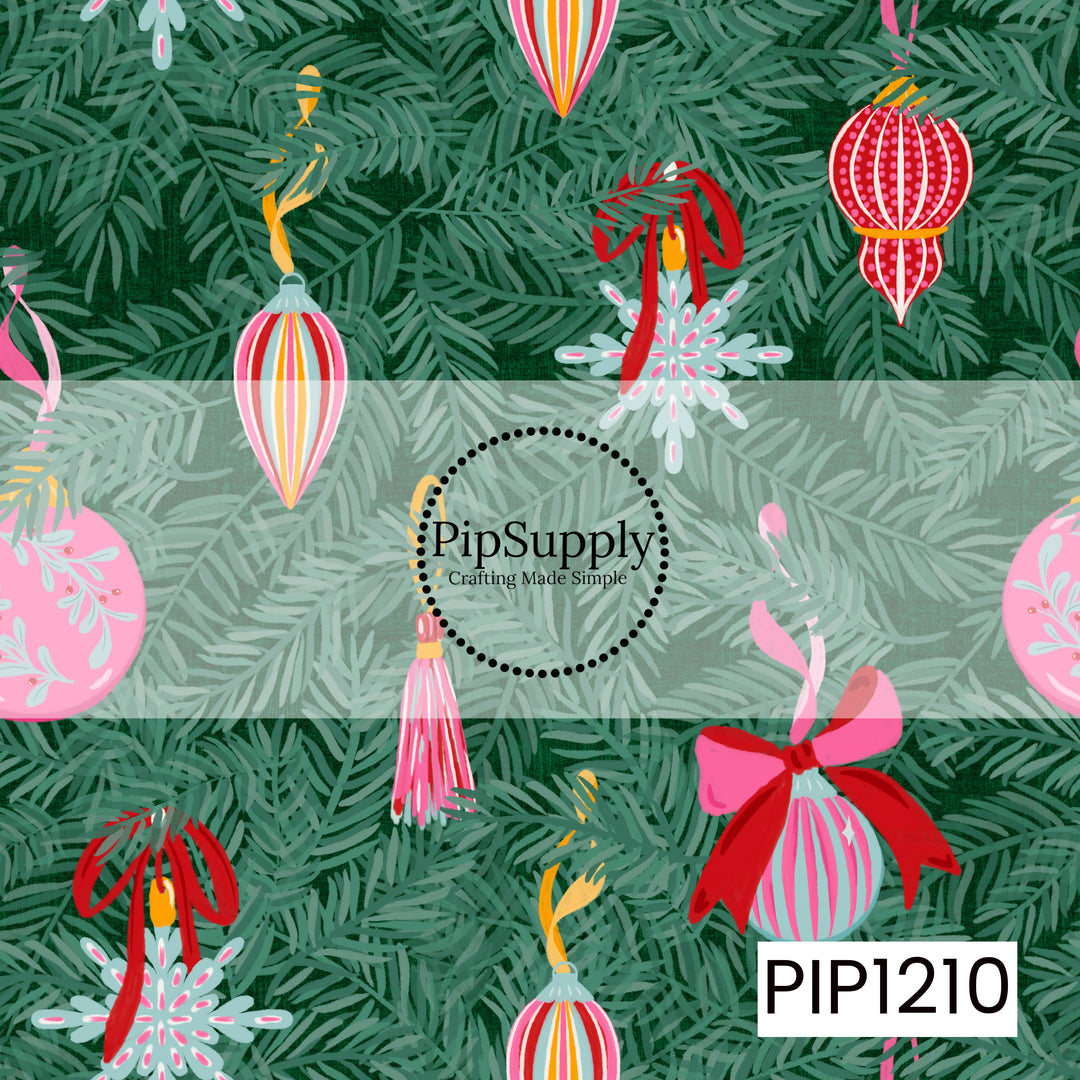 A vibrant Christmas pattern filled with lush evergreen branches and colorful vintage-inspired ornaments. Pink, red, mint, and golden accents appear throughout in striped baubles, delicate snowflake ornaments, tassels, and oversized bows, creating a playful and whimsical holiday look.
