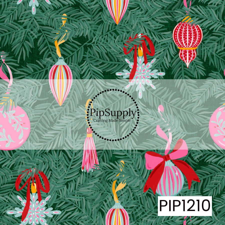 A vibrant Christmas pattern filled with lush evergreen branches and colorful vintage-inspired ornaments. Pink, red, mint, and golden accents appear throughout in striped baubles, delicate snowflake ornaments, tassels, and oversized bows, creating a playful and whimsical holiday look.
