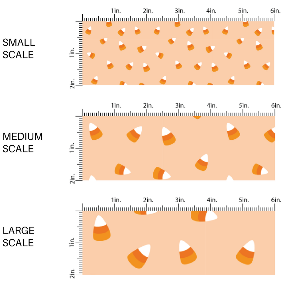 Light orange fabric by the yard scaled image guide with scattered candy corn.