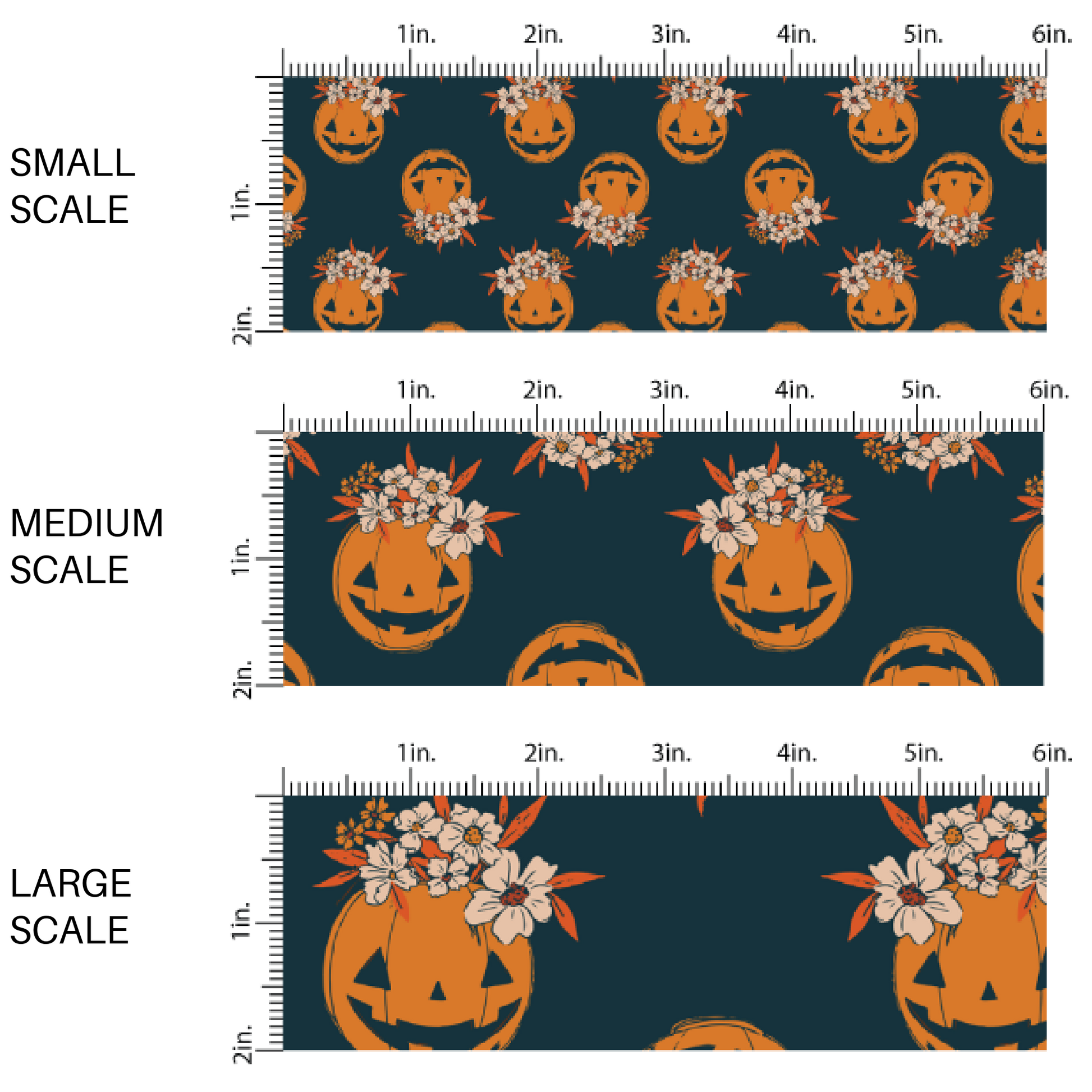 Orange floral jack-o-lanterns on navy blue fabric by the yard scaled image guide.