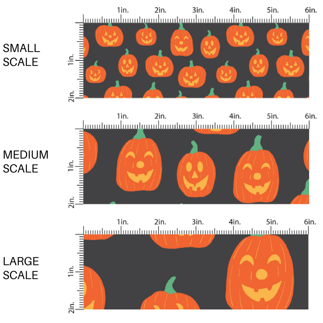 Black fabric by the yard scaled image guide with orange smiling jack-o-lanterns.