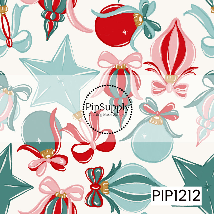 A playful retro Christmas pattern featuring oversized ornaments, stars, and decorative bows in bright red, soft pink, aqua, and teal. Gold accents add a festive touch, while the warm cream background keeps the colorful holiday elements feeling light and cheerful.
