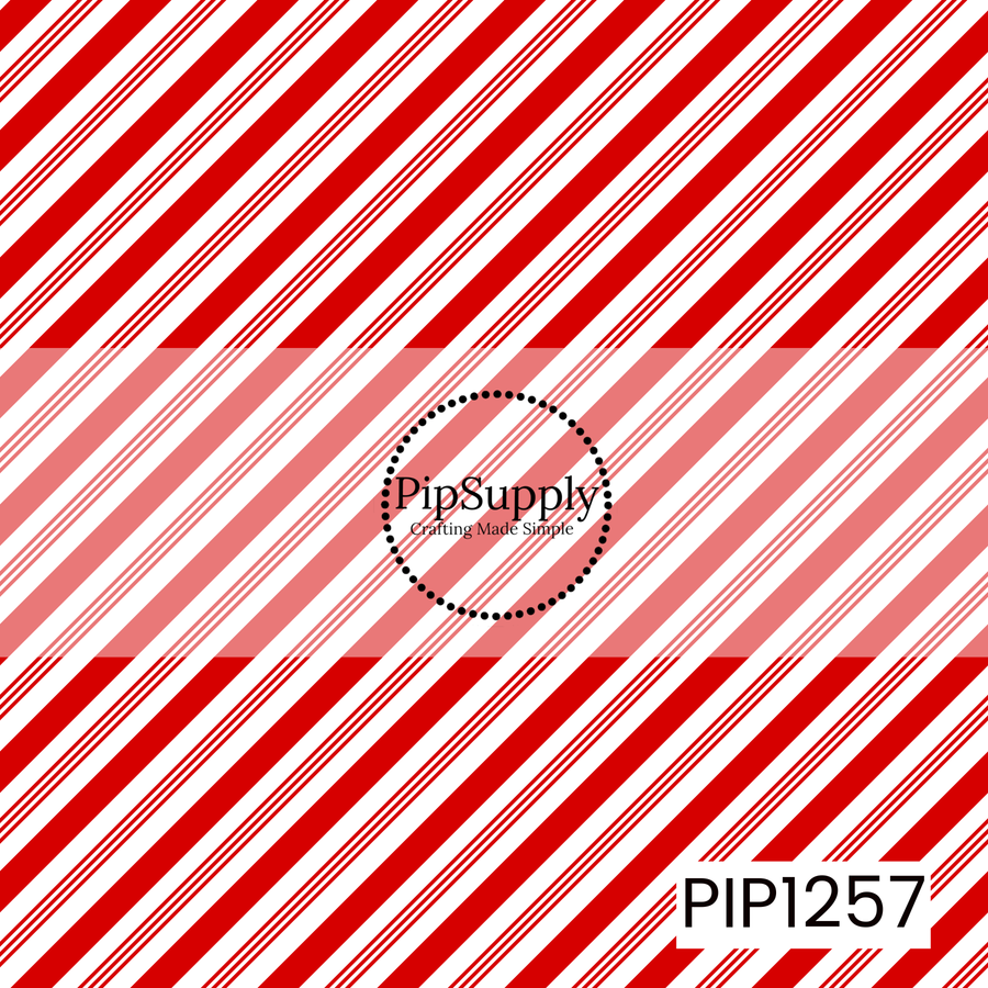 A festive candy cane stripe pattern featuring bold red and white diagonal stripes with alternating thin accent lines. The classic Christmas color palette gives it a bright, cheerful holiday look.
