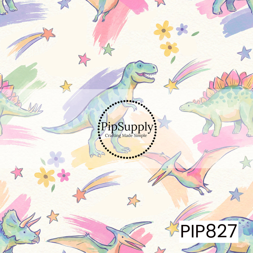 A playful watercolor dinosaur design featuring T-Rexes, Stegosauruses, Triceratops, and flying Pterosaurs illustrated in soft pastel shades of mint, aqua, pink, lavender, peach, and yellow. The dinosaurs are scattered across a creamy background alongside rainbow shooting stars, colorful stars, simple flowers, and painterly brushstroke accents. With its cheerful retro-inspired palette and whimsical prehistoric theme, this design creates a fun, dreamy, and imaginative look perfect for dinosaur lovers of all a