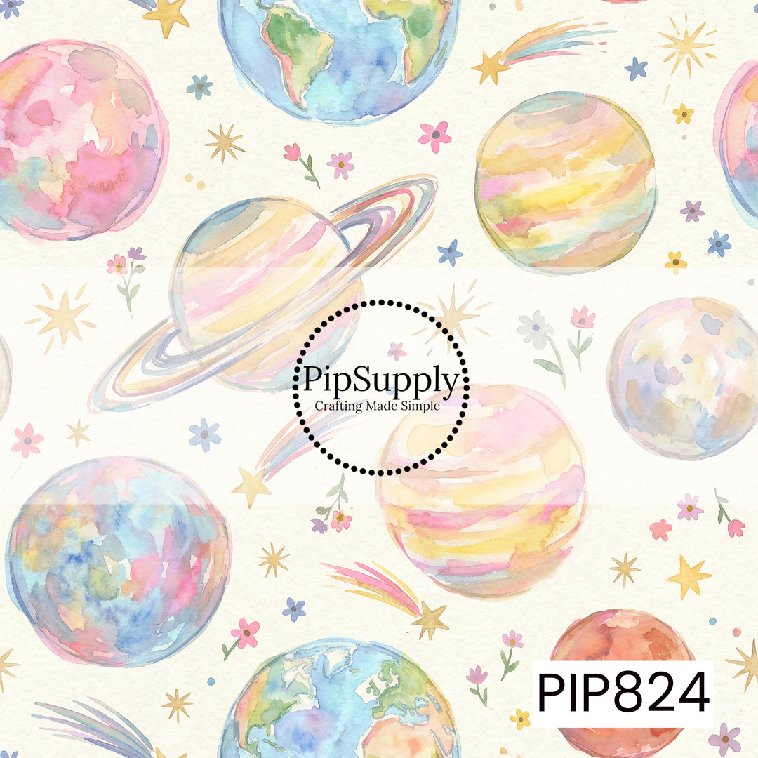 A dreamy watercolor space-themed design featuring softly painted planets, Earth globes, shooting stars, and delicate wildflowers scattered across a light background. The artwork blends pastel shades of pink, blue, lavender, peach, yellow, and mint, creating a whimsical celestial scene with a gentle, hand-painted aesthetic. Sparkling stars and floral accents add a magical touch, making this design perfect for dreamy, imaginative, and cosmic-inspired creations.
