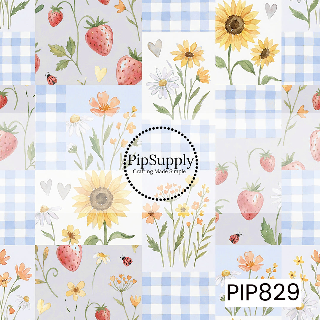 A charming patchwork-inspired watercolor design featuring strawberries, sunflowers, daisies, wildflowers, and tiny ladybugs arranged in a quilt-style layout. Alternating panels of soft pastel blue gingham and delicate floral illustrations create a fresh, cheerful cottagecore aesthetic. Painted in gentle shades of blush pink, buttery yellow, sky blue, cream, and leafy green, with sweet heart accents scattered throughout, this design captures the light and airy feel of a blooming summer garden with a classic 