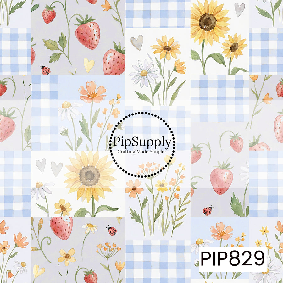 A charming patchwork-inspired watercolor design featuring strawberries, sunflowers, daisies, wildflowers, and tiny ladybugs arranged in a quilt-style layout. Alternating panels of soft pastel blue gingham and delicate floral illustrations create a fresh, cheerful cottagecore aesthetic. Painted in gentle shades of blush pink, buttery yellow, sky blue, cream, and leafy green, with sweet heart accents scattered throughout, this design captures the light and airy feel of a blooming summer garden with a classic 