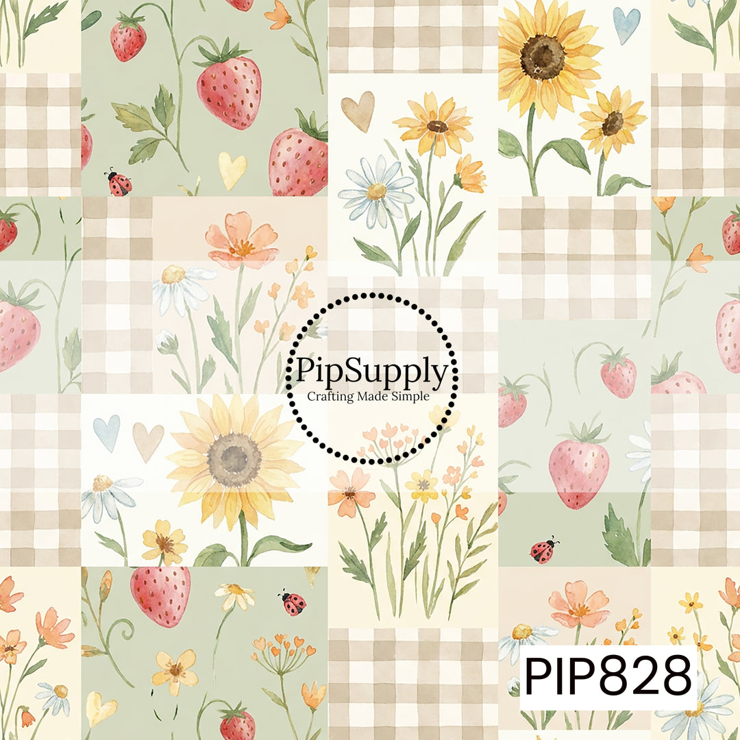 A charming patchwork-inspired watercolor design featuring strawberries, sunflowers, daisies, wildflowers, and tiny ladybugs arranged in a quilt-style layout. Alternating panels of soft sage green and warm beige gingham create a cozy cottagecore feel, while delicate hearts and botanical accents add extra sweetness. Painted in gentle shades of blush pink, buttery yellow, soft blue, cream, and leafy green, this design captures the warmth and beauty of a sunlit summer garden with a vintage farmhouse aesthetic.
