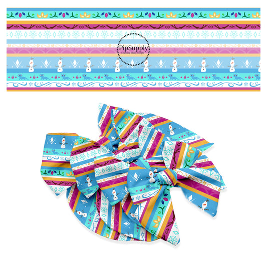 Snowman and snowflakes on pink and blue stripes hair bow strips
