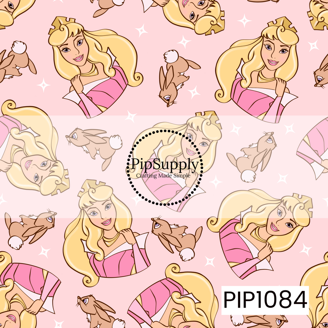 A whimsical seamless pattern featuring a blonde princess in a pink gown paired with playful woodland rabbits on a soft blush pink background. White twinkling stars are scattered throughout, creating a dreamy, fairy tale-inspired design with sweet pastel colors and a charming storybook feel.
