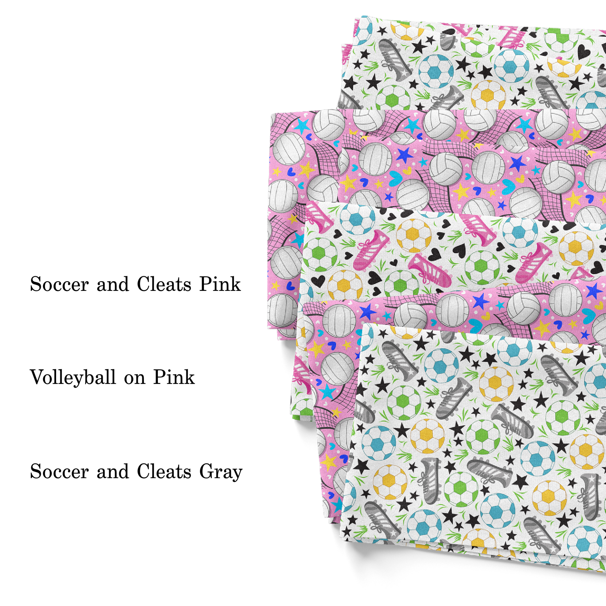 Pip Supply 2023 soccer and volleyball fabric collection fabric swatches.