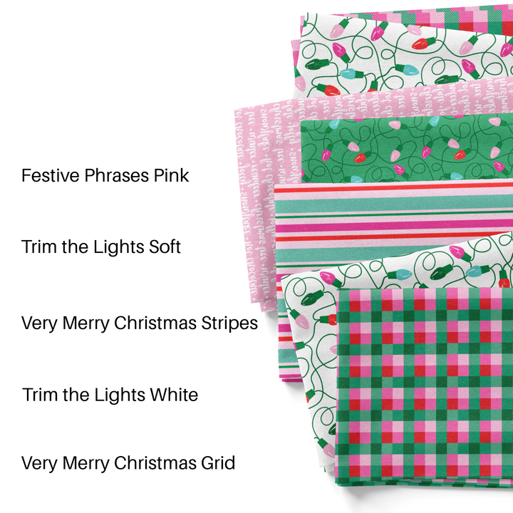 PIP Supply green and pink fabric by the yard Christmas collection swatches.