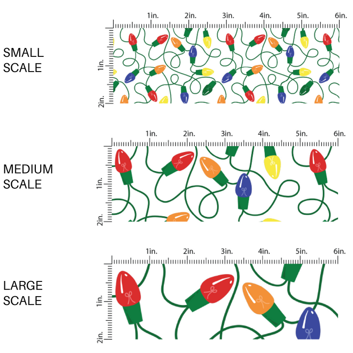     White fabric by the yard scaled image guide with red, orange, blue, and yellow Christmas lights.
