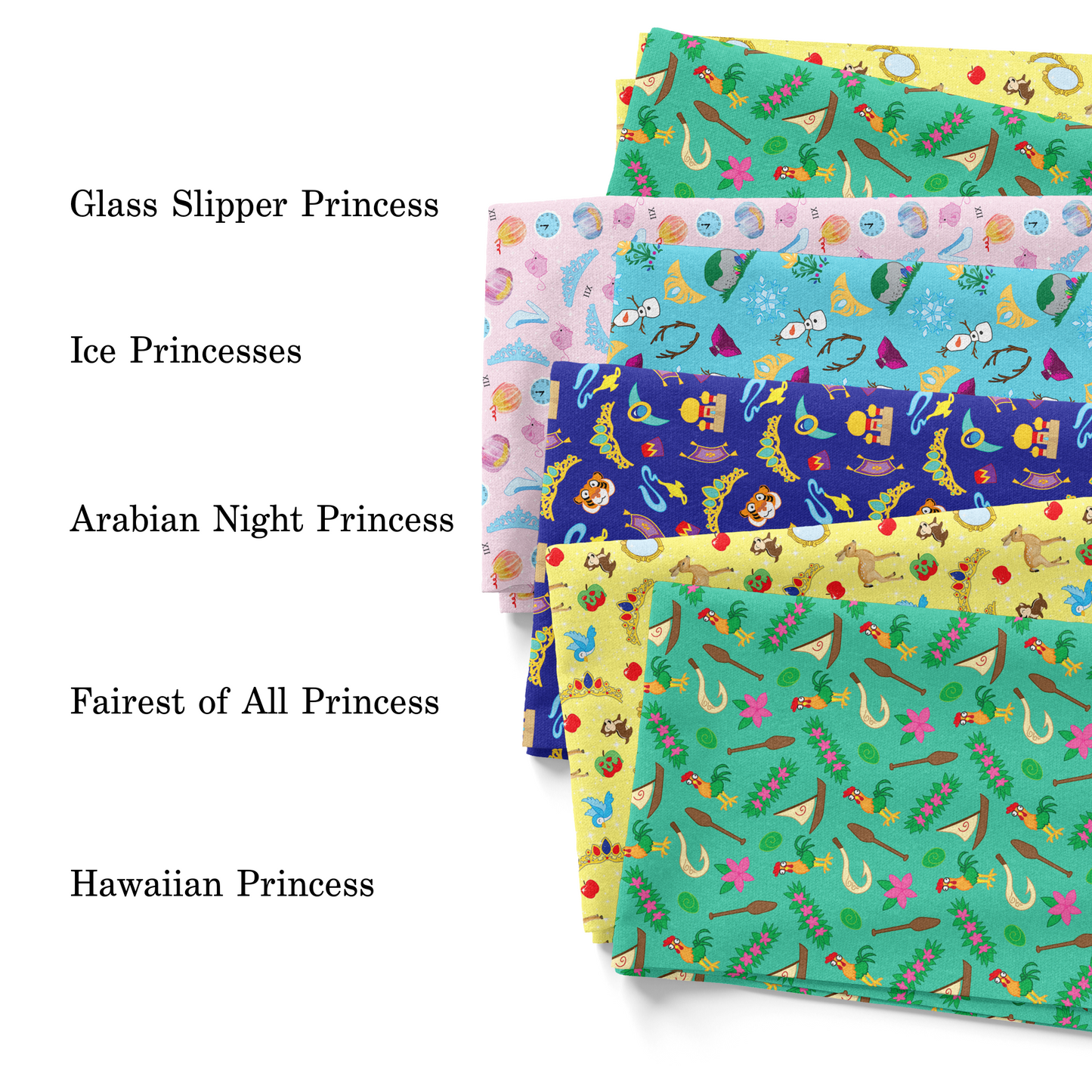 Pip Supply princess collection fabric swatches with pattern titles.