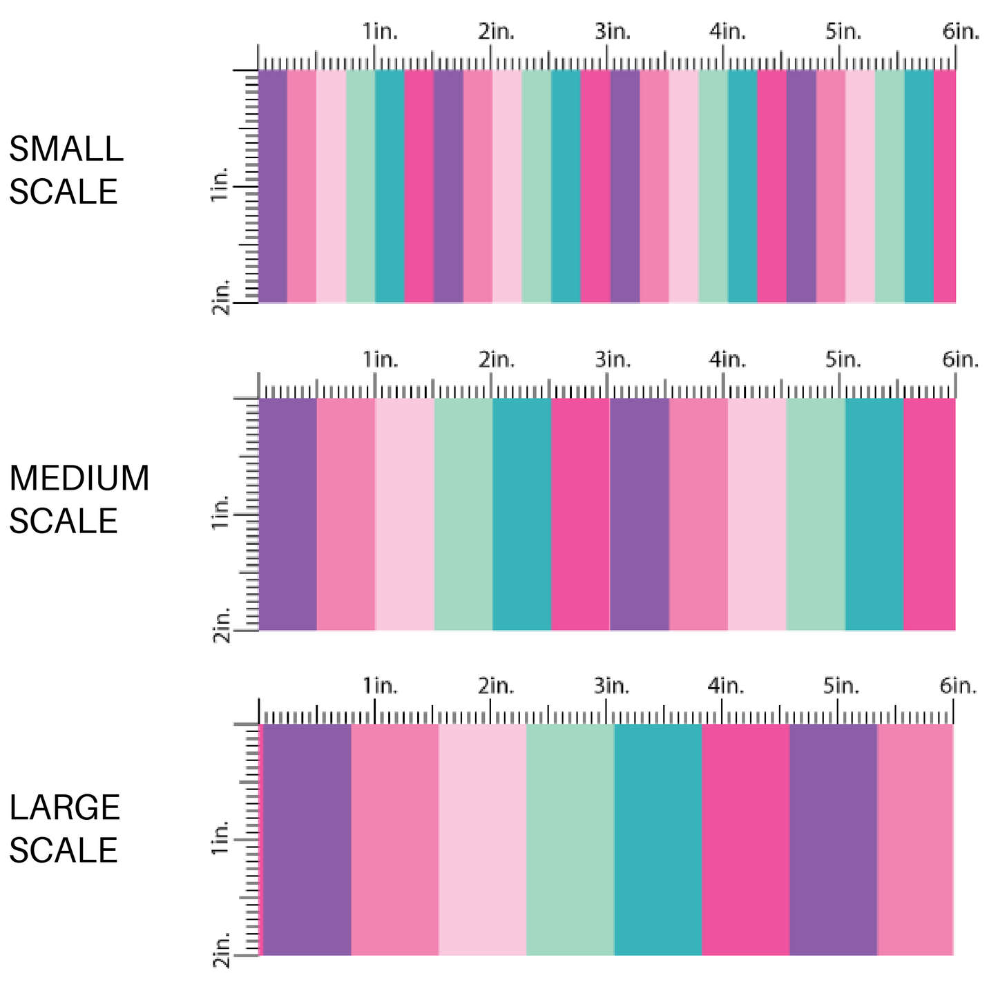 This scale chart of small scale, medium scale, and large scale of these stripe themed teal and pink fabric by the yard features purple, pink, and teal stripes.