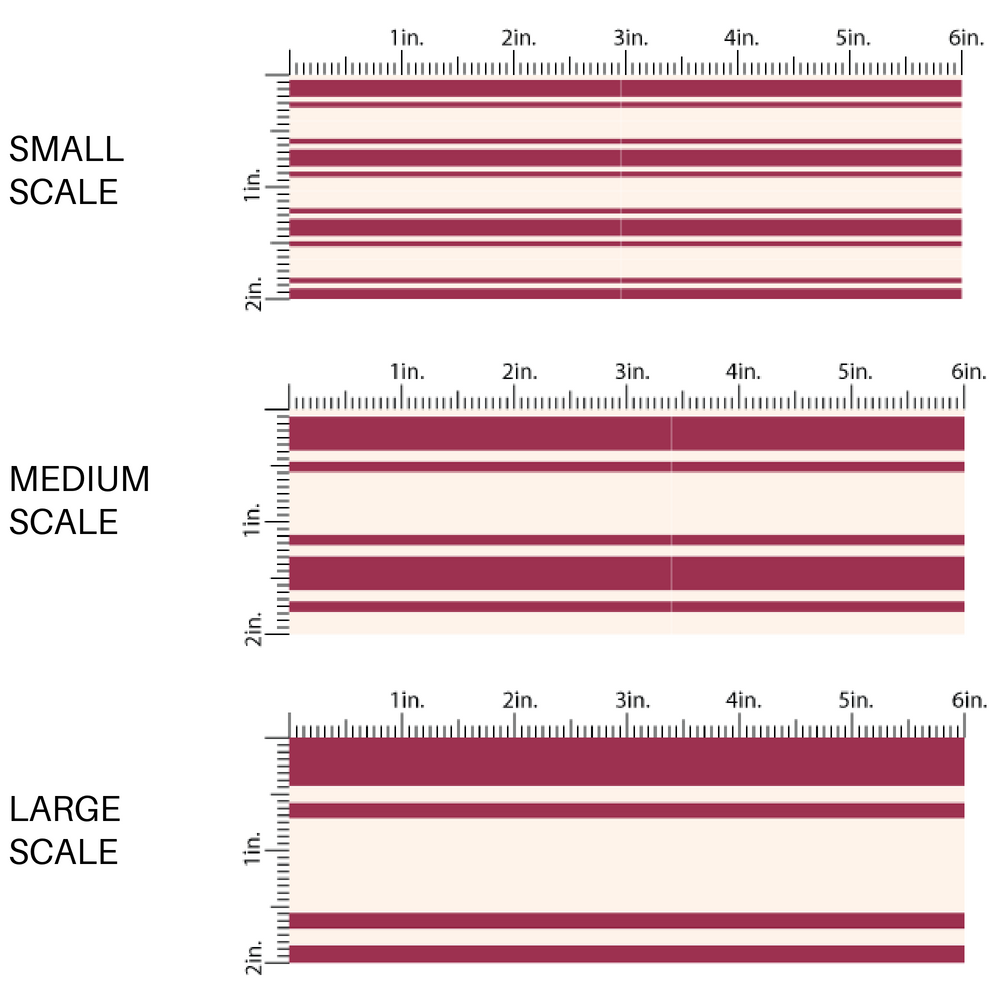 This scale chart of small scale, medium scale, and large scale of these stripe themed fabric by the yard features mulberry thin and thick stripes on cream. This fun stripe themed fabric can be used for all your sewing and crafting needs! 