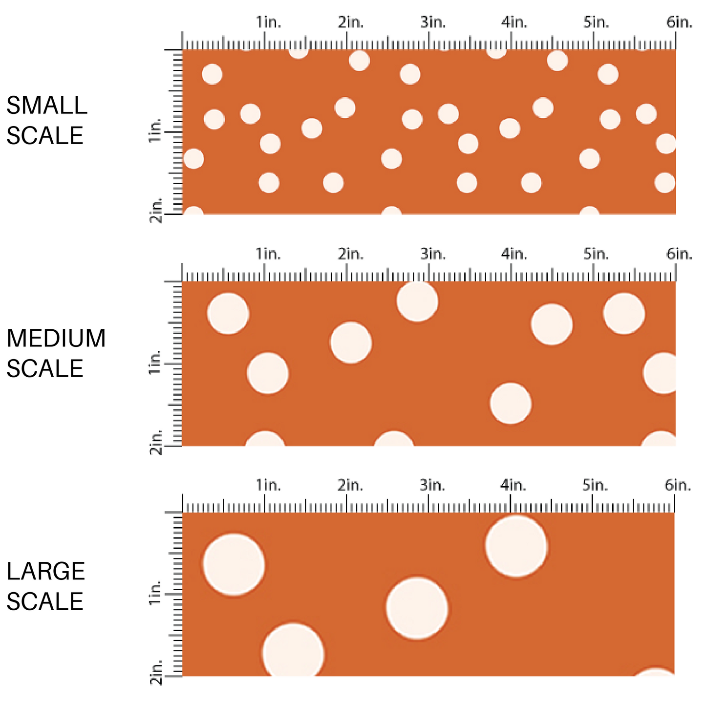 This scale chart of small scale, medium scale, and large scale of these dot themed fabric by the yard features small white dots on orange. This fun dotted themed fabric can be used for all your sewing and crafting needs! 