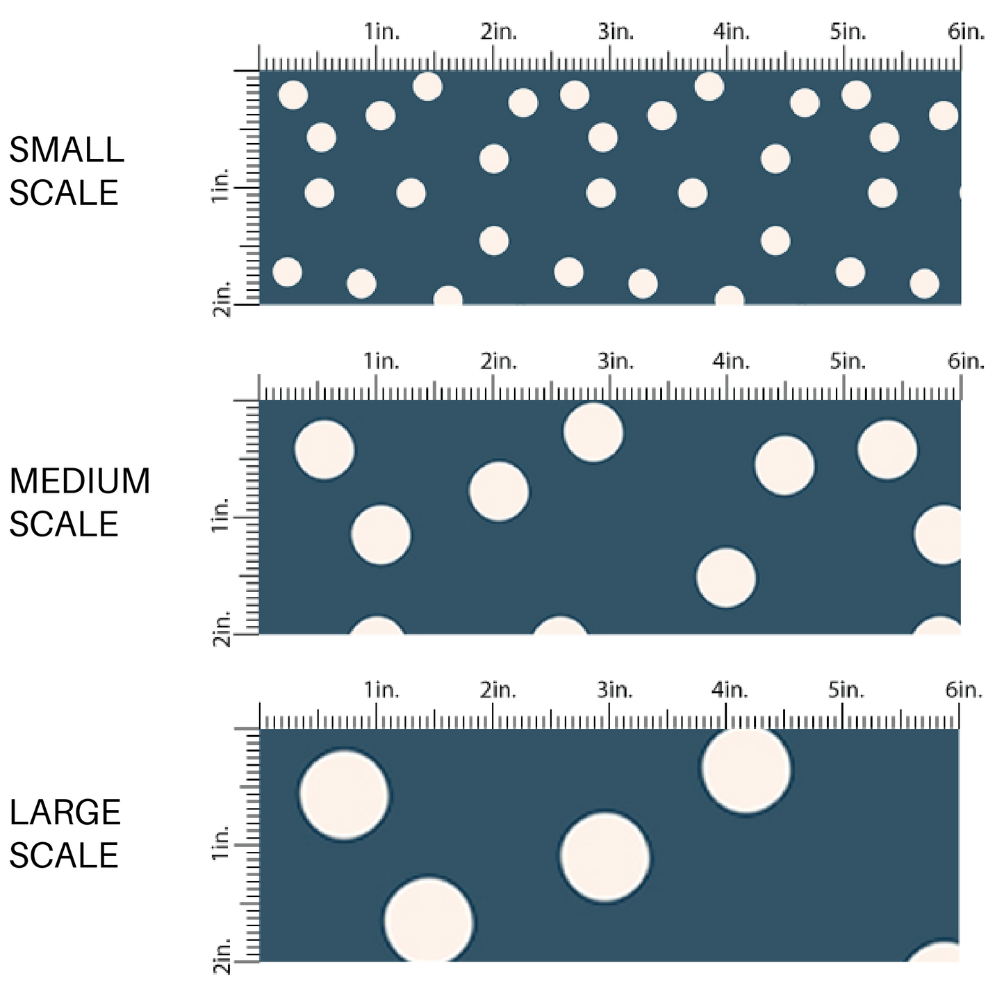 This scale chart of small scale, medium scale, and large scale of these dot themed fabric by the yard features small white dots on dark blue. This fun dotted themed fabric can be used for all your sewing and crafting needs! 