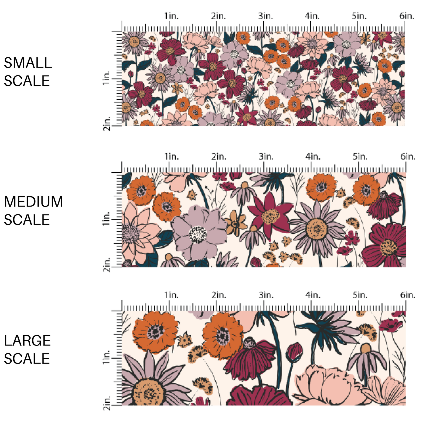 This scale chart of small scale, medium scale, and large scale of these fall floral themed fabric by the yard features autumn flowers on cream. This fun floral themed fabric can be used for all your sewing and crafting needs! 