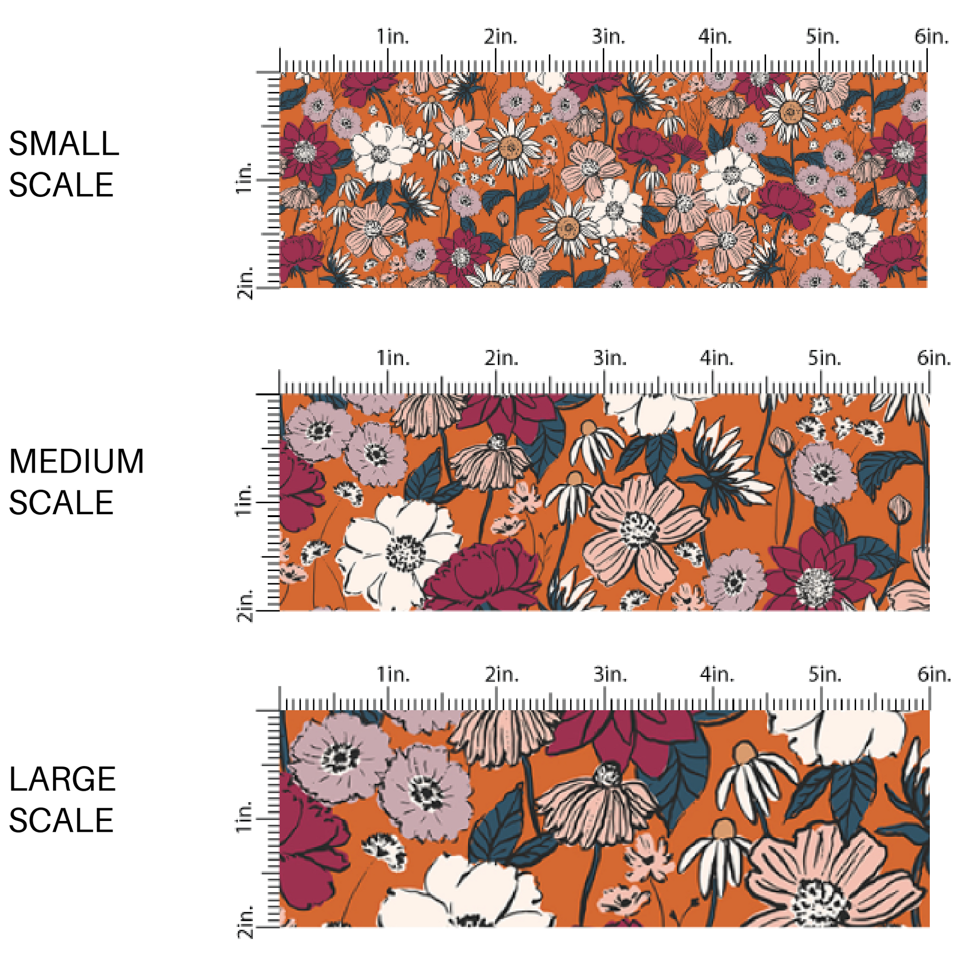 This scale chart of small scale, medium scale, and large scale of these fall floral themed fabric by the yard features autumn flowers on orange. This fun floral themed fabric can be used for all your sewing and crafting needs! 