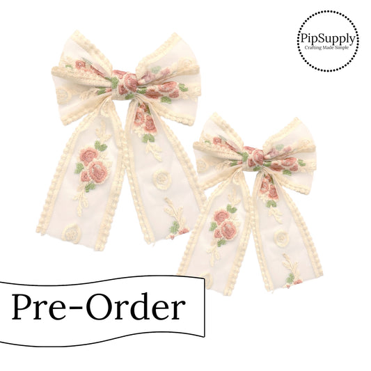 PRE-ORDER Cream with Pink Embroidered Rose Hair Bow w/Clip (estimated to ship the week of May 27th)