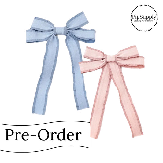 PRE-ORDER Shimmer Woven Ruffled Long Tail Bow w/Clip (estimated to ship the week of May 27th)