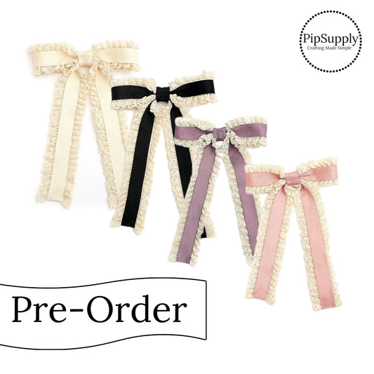 PRE-ORDER Vintage Ruffled Lace Long Tail Bow w/Clip (estimated to ship the week of May 27th)