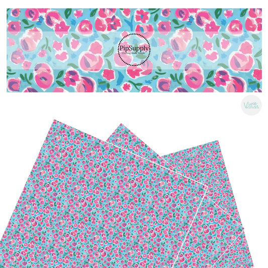 These spring floral faux leather sheets contain the following design elements: pink painted ditsy floral on blue. Our CPSIA compliant faux leather sheets or rolls can be used for all types of crafting projects. 
