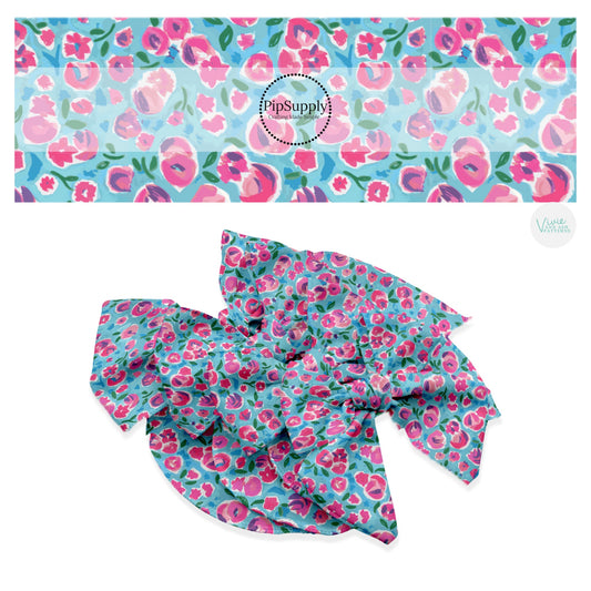 These spring floral pattern themed no sew bow strips can be easily tied and attached to a clip for a finished hair bow. These patterned bow strips are great for personal use or to sell. These bow strips features pink painted ditsy floral on blue.